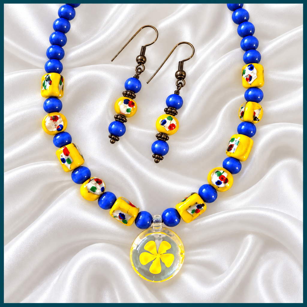 Blue and Yellow Beaded Necklace and Earrings